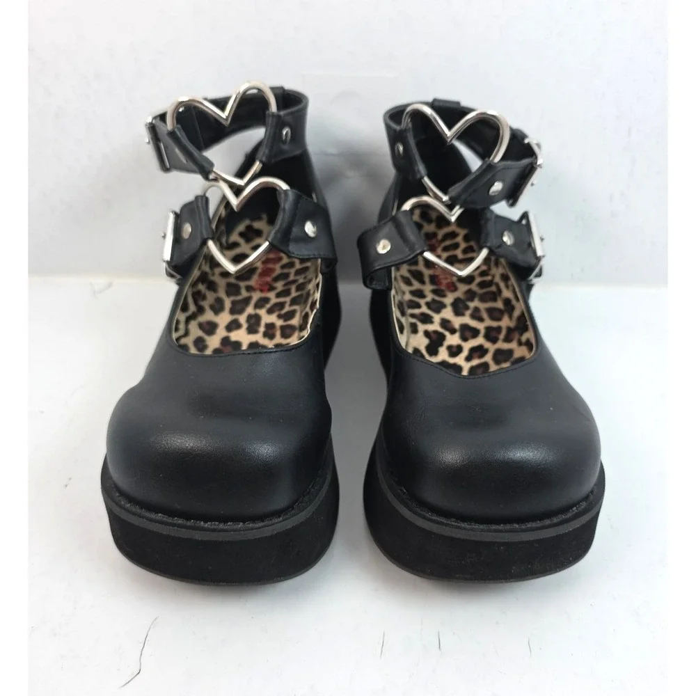 Demonia‎ Sprite-02 Women's Size 8 Black Mary Janes Heart Buckles Platform Goth